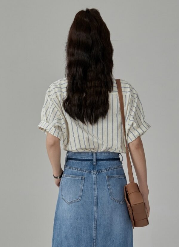 Beige Stripes Short Sleeves Shirt | Chae Yong Ju - Brewing Love - Image 9