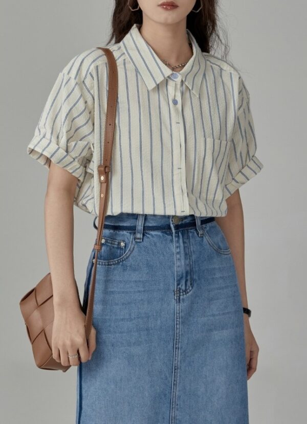 Beige Stripes Short Sleeves Shirt | Chae Yong Ju - Brewing Love - Image 3