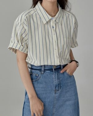 Beige Stripes Short Sleeves Shirt | Chae Yong Ju - Brewing Love