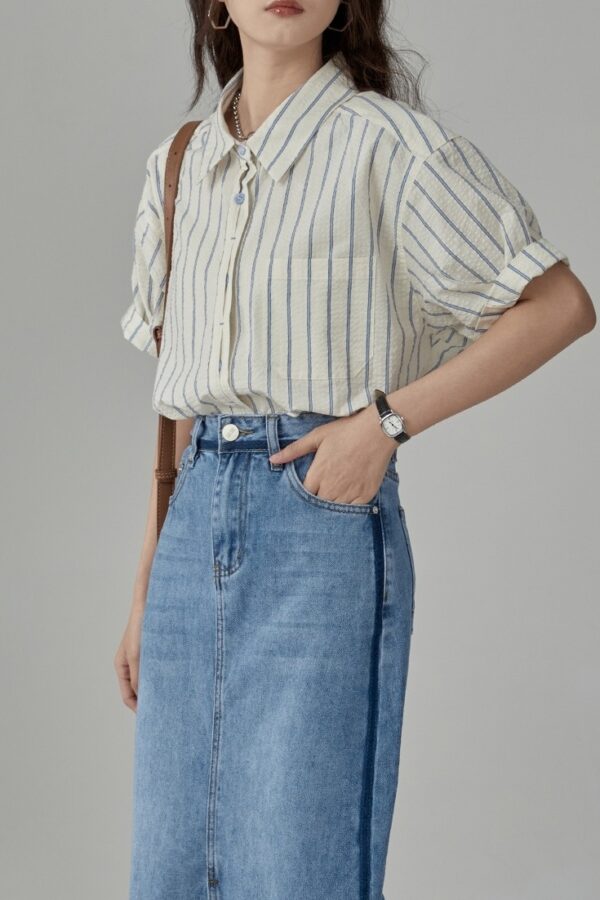 Beige Stripes Short Sleeves Shirt | Chae Yong Ju - Brewing Love - Image 4