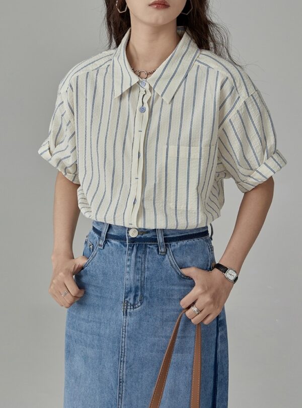 Beige Stripes Short Sleeves Shirt | Chae Yong Ju - Brewing Love - Image 5