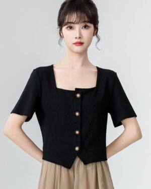 Black Asymmetric Short Sleeve Top