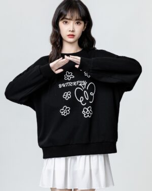 Black Floral Print Crewneck Sweatshirt