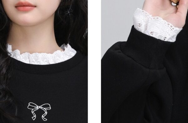 Black Lace Trim Pullover Sweatshirt - Image 10