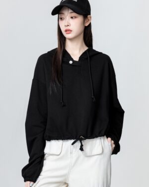 Black Loose Drawstring Hoodie Top