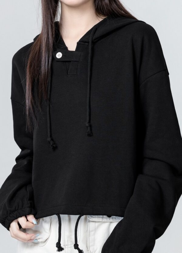 Black Loose Drawstring Hoodie Top - Image 2