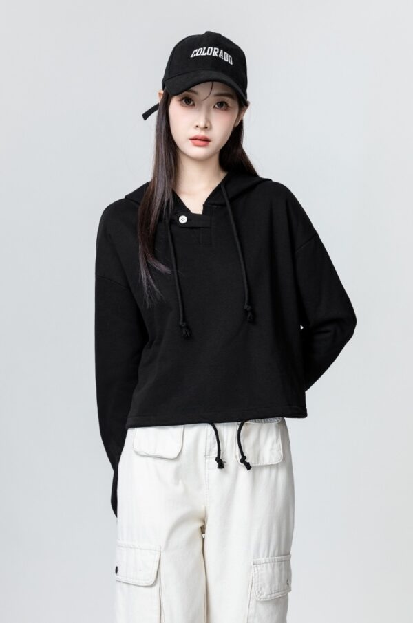 Black Loose Drawstring Hoodie Top - Image 6