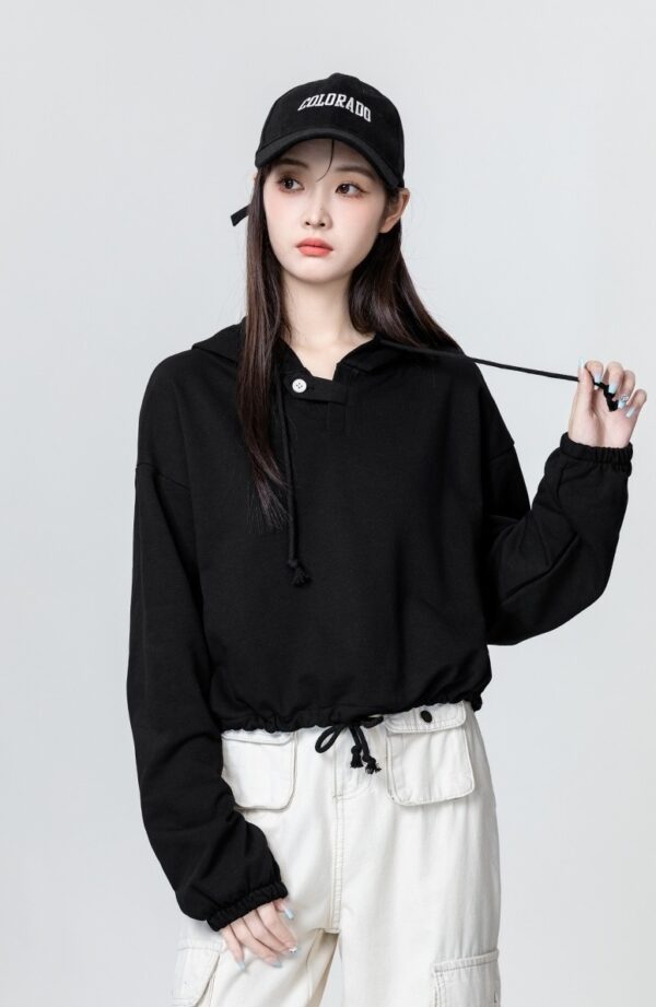 Black Loose Drawstring Hoodie Top - Image 8