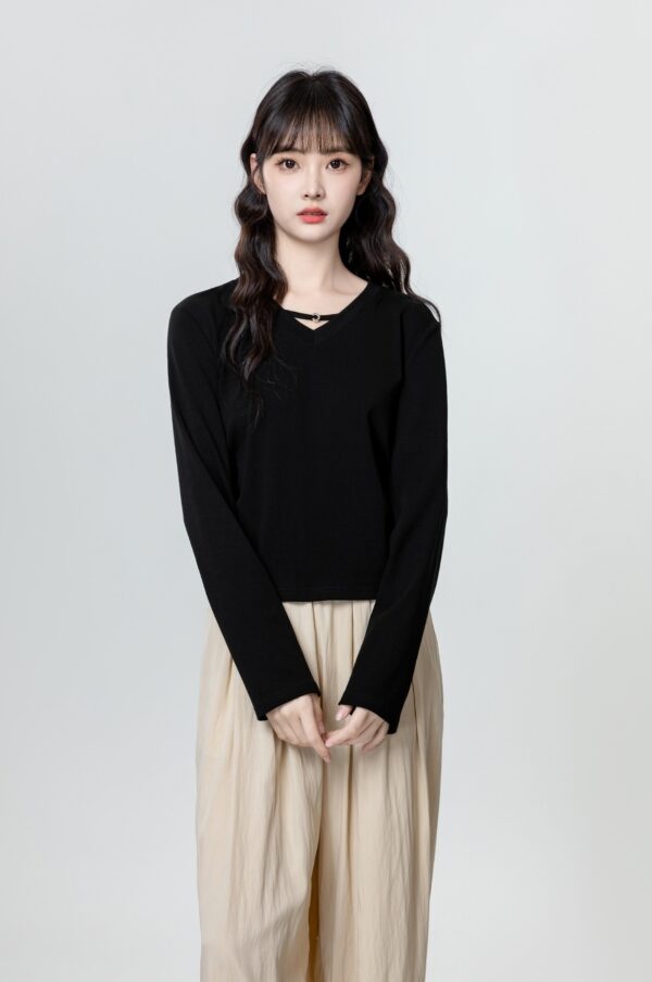 Black Vneck Long Sleeve Slim Top - Image 7