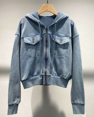 Blue Denim Style Chest Pocket Hoodie | Liz - IVE