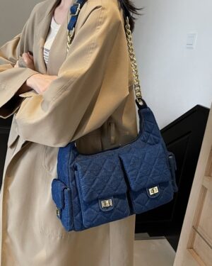 Blue Quilted Pattern Front Pockets Bag | Jennie - BlackPink