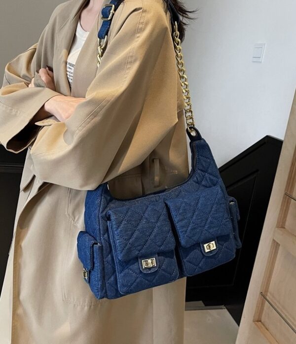 Blue Quilted Pattern Front Pockets Bag | Jennie - BlackPink