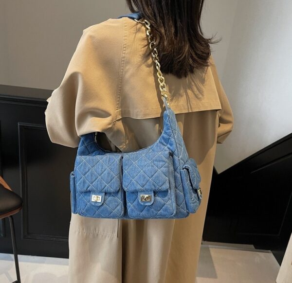 Blue Quilted Pattern Front Pockets Bag | Jennie - BlackPink - Image 2