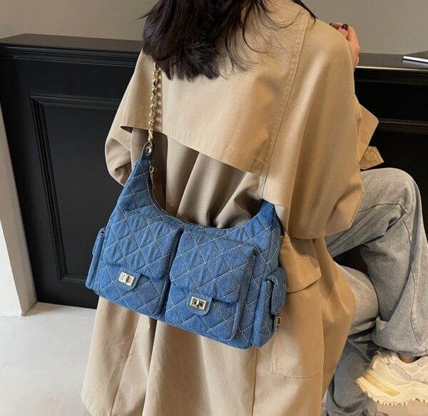 Blue Quilted Pattern Front Pockets Bag | Jennie - BlackPink - Image 3