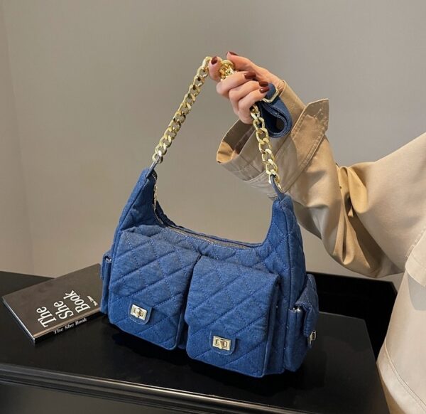 Blue Quilted Pattern Front Pockets Bag | Jennie - BlackPink - Image 5