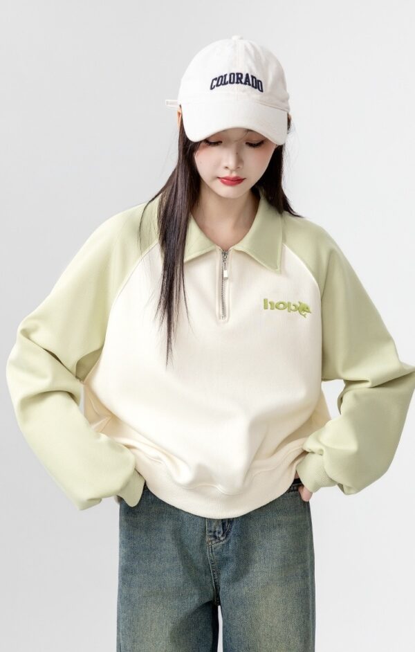 Color Block Raglan Sleeve Polo Sweatshirt - Image 2