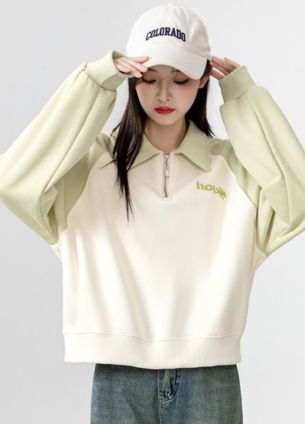 Color Block Raglan Sleeve Polo Sweatshirt - Image 3