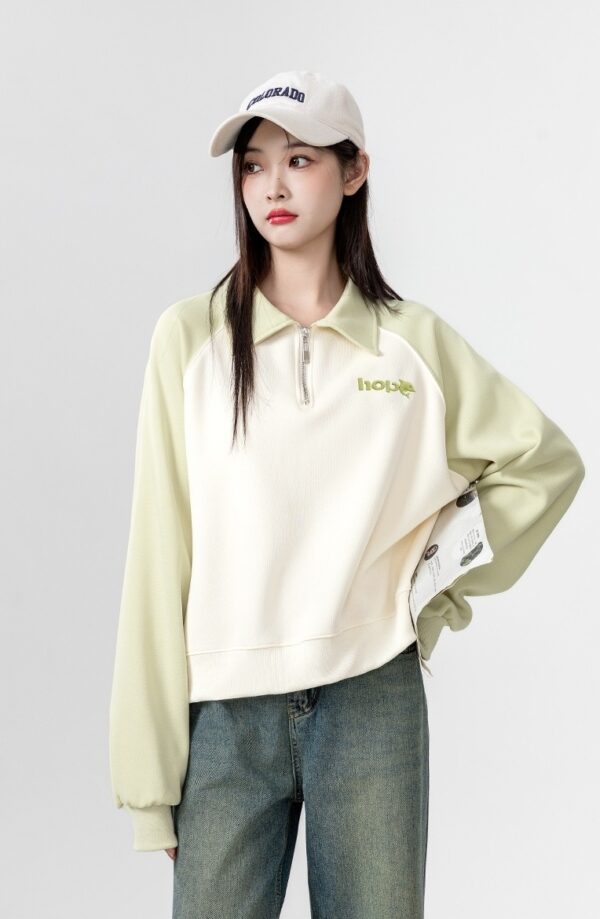 Color Block Raglan Sleeve Polo Sweatshirt - Image 5