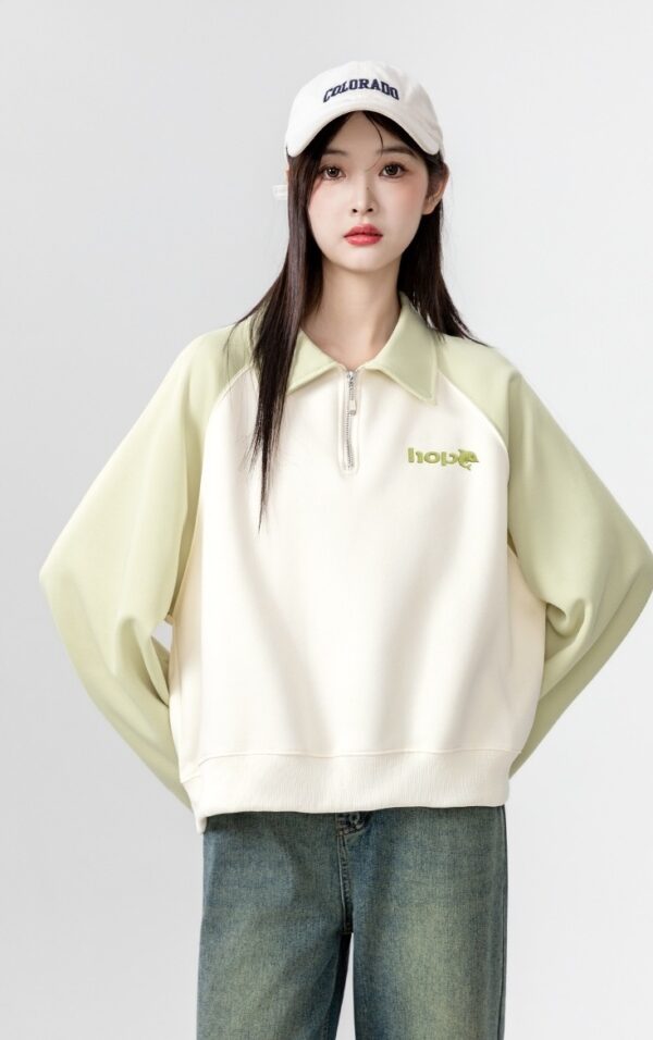 Color Block Raglan Sleeve Polo Sweatshirt - Image 7