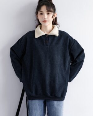 Corduroy Fleece Polo Sweatshirt Navy