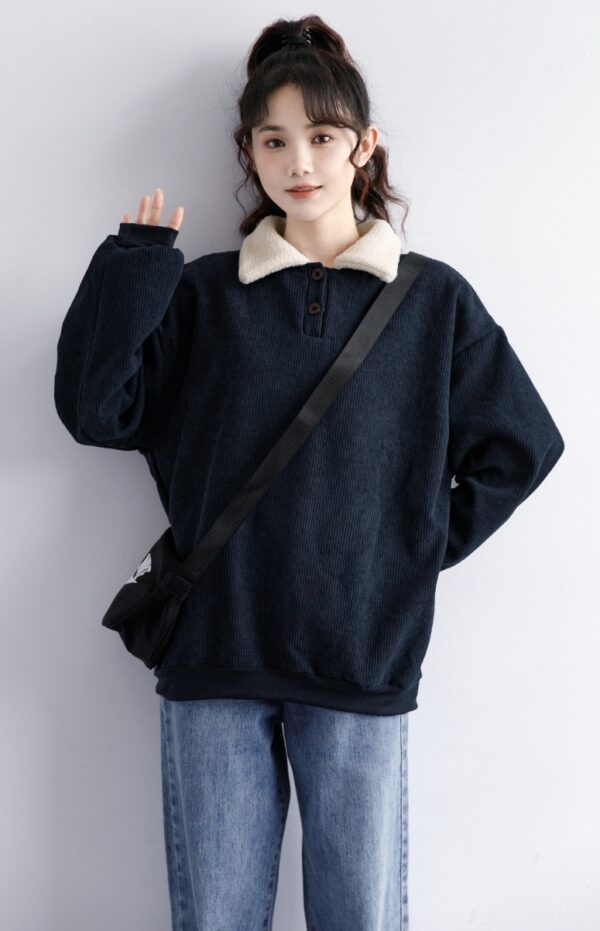 Corduroy Fleece Polo Sweatshirt Navy - Image 2