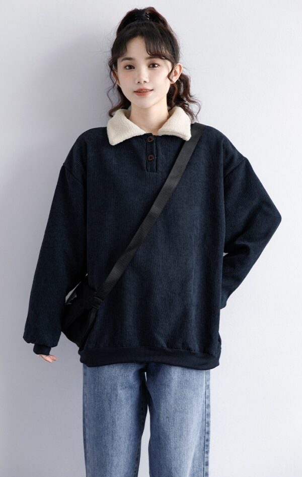 Corduroy Fleece Polo Sweatshirt Navy - Image 13