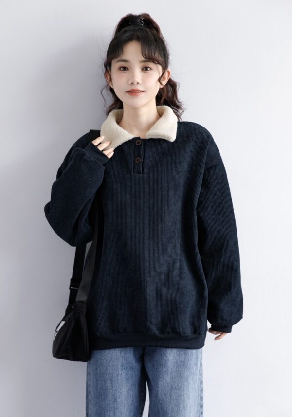 Corduroy Fleece Polo Sweatshirt Navy - Image 14