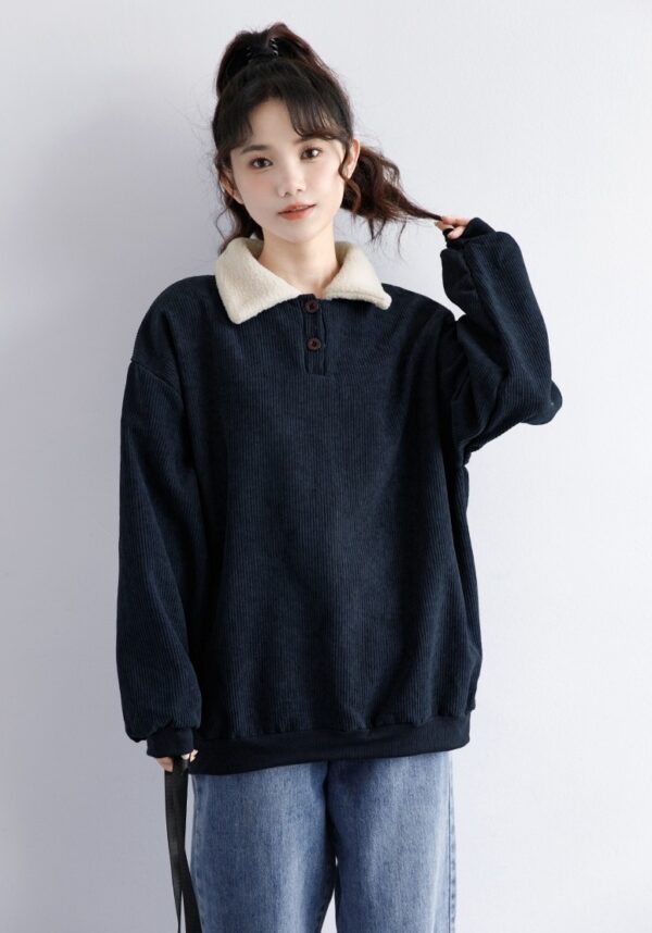 Corduroy Fleece Polo Sweatshirt Navy - Image 15