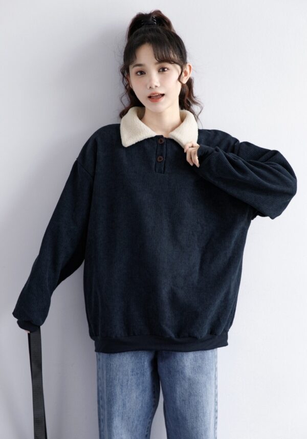 Corduroy Fleece Polo Sweatshirt Navy - Image 3