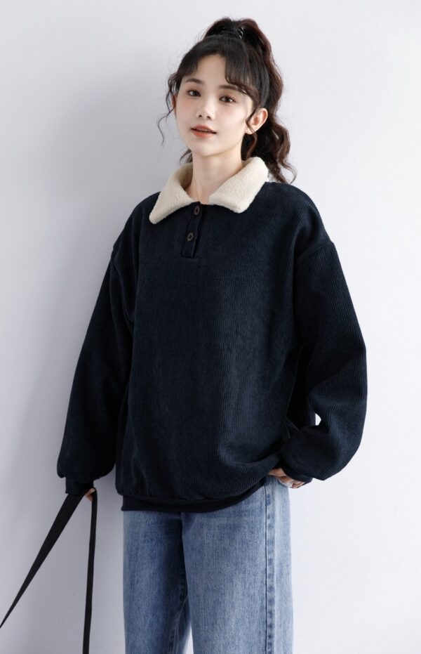 Corduroy Fleece Polo Sweatshirt Navy - Image 4