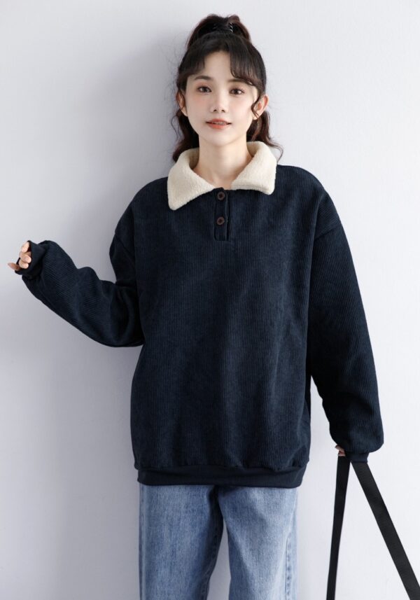 Corduroy Fleece Polo Sweatshirt Navy - Image 5