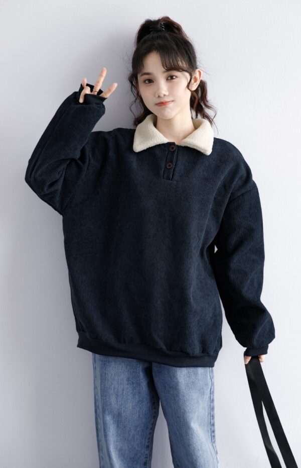 Corduroy Fleece Polo Sweatshirt Navy - Image 6