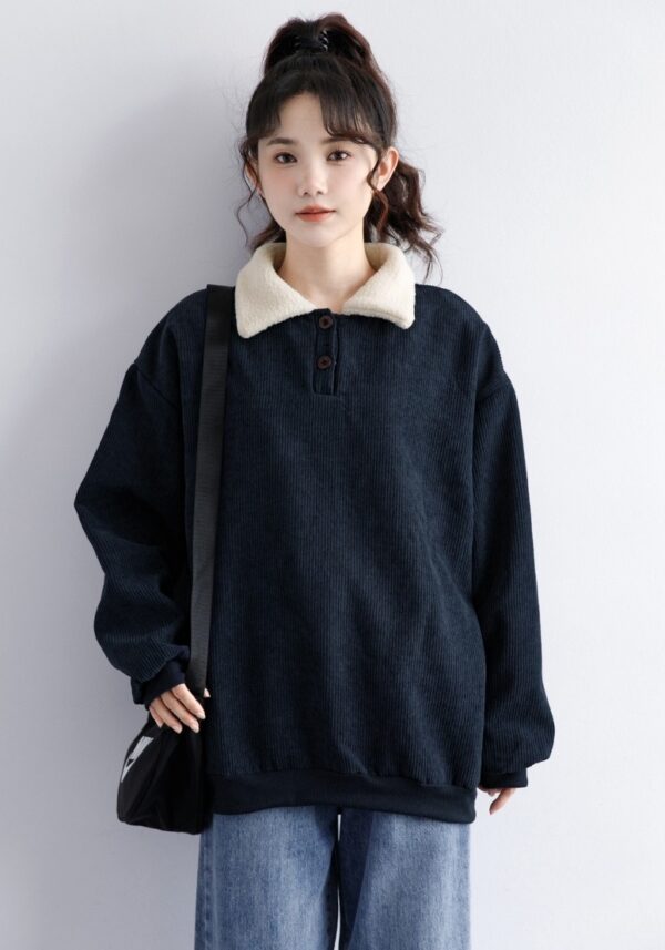 Corduroy Fleece Polo Sweatshirt Navy - Image 7