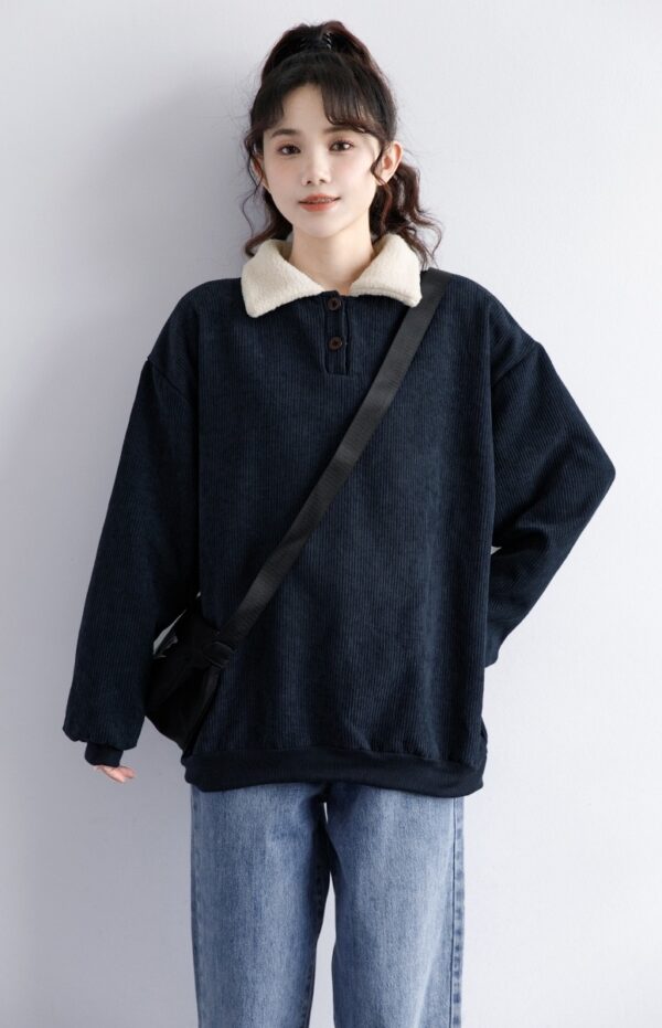 Corduroy Fleece Polo Sweatshirt Navy - Image 8