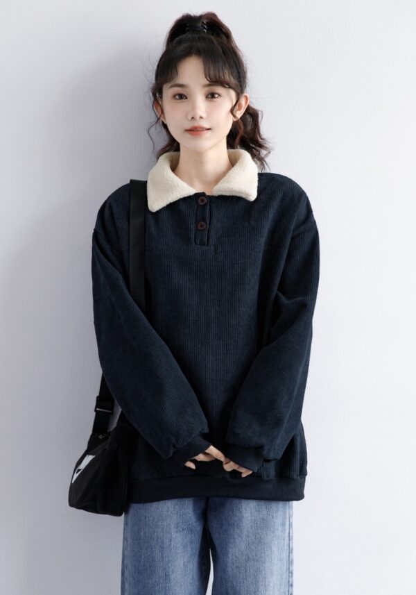 Corduroy Fleece Polo Sweatshirt Navy - Image 9