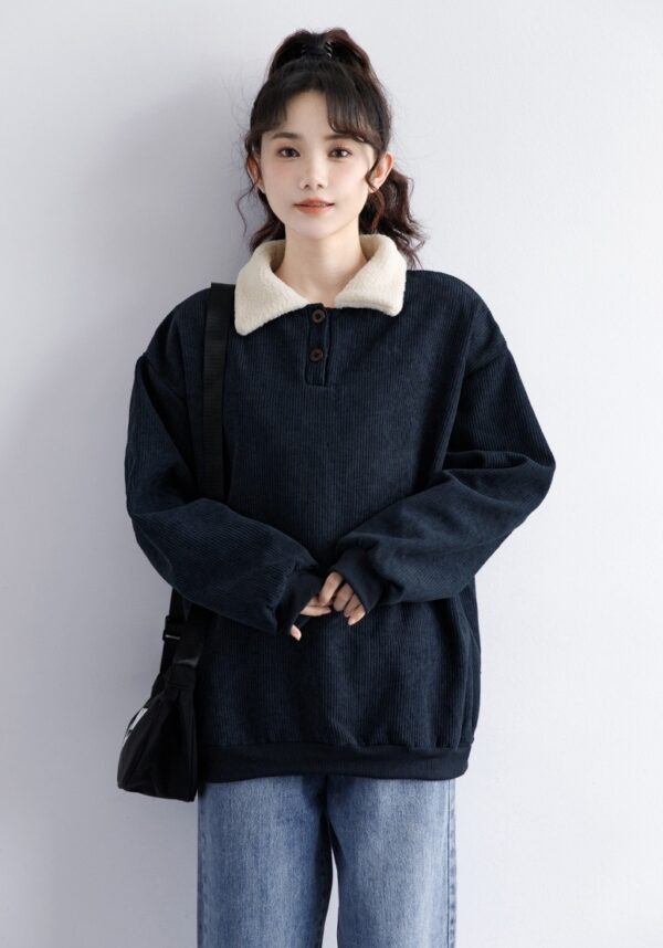 Corduroy Fleece Polo Sweatshirt Navy - Image 10