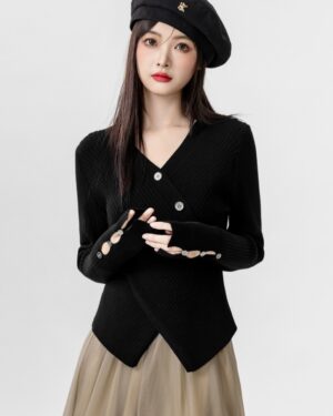 Cross Vneck Black Knit Top