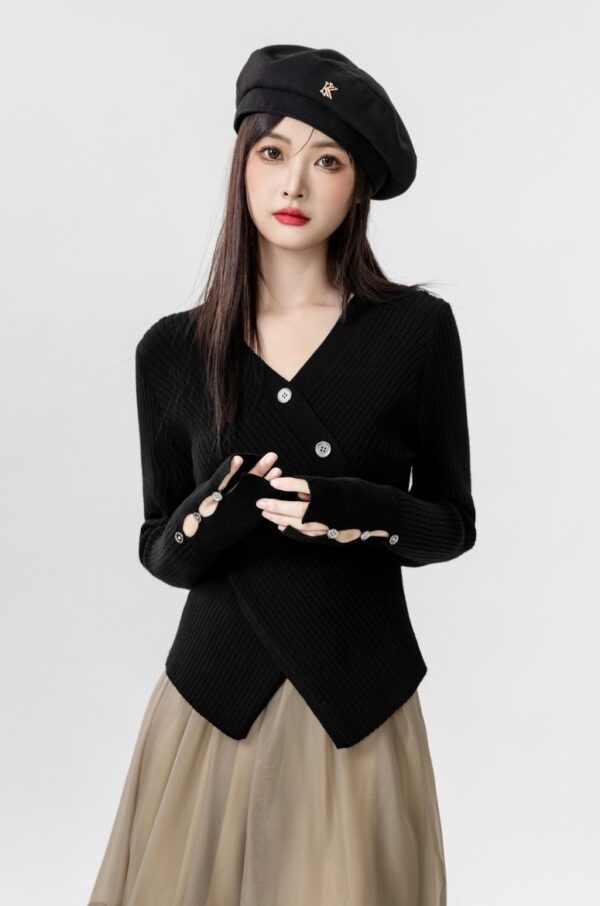 Cross Vneck Black Knit Top