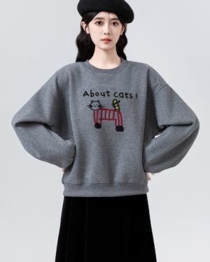 Dark Gray Fleece Cartoon Embroidered Sweatshirt