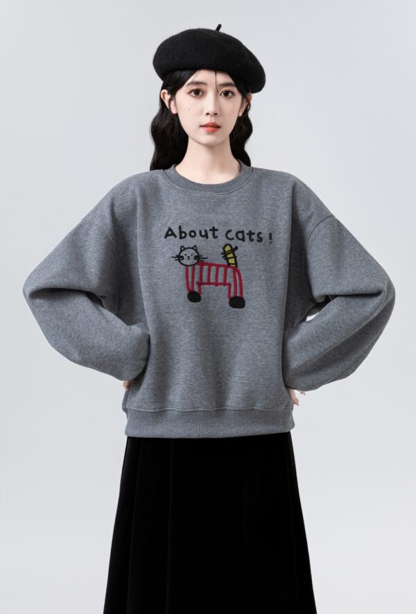 Dark Gray Fleece Cartoon Embroidered Sweatshirt