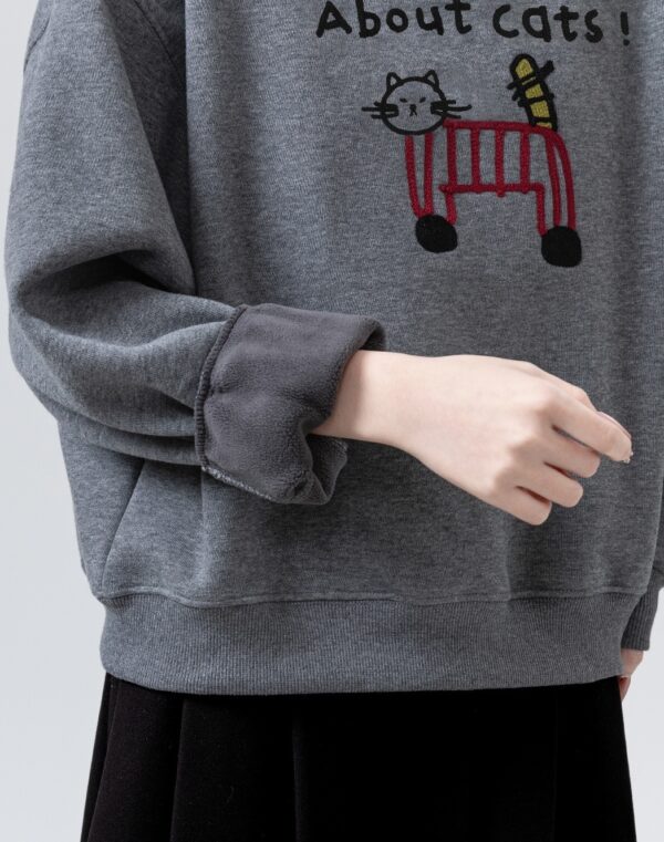 Dark Gray Fleece Cartoon Embroidered Sweatshirt - Image 3