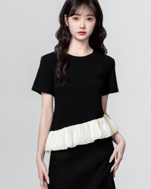 French Black Ruffle Sleeve T-Shirt