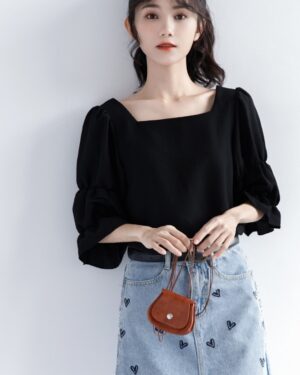 French Style Puff Sleeve Black Top