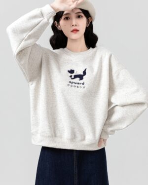 Gray Embroidered Fleece Pullover Sweatshirt