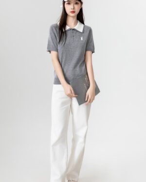 Gray Knit Polo Collar Short Sleeve Tee