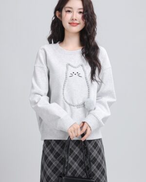 Gray Loose Cartoon Cat Sweatshirt