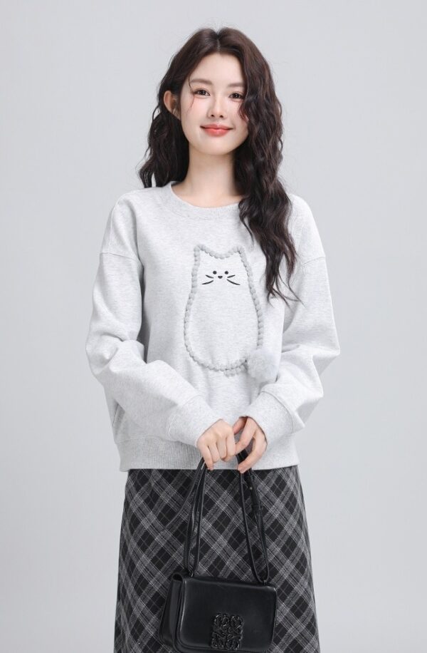 Gray Loose Cartoon Cat Sweatshirt