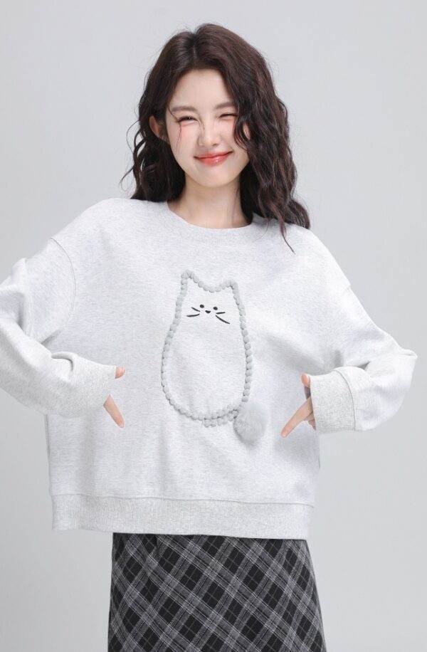 Gray Loose Cartoon Cat Sweatshirt - Image 2