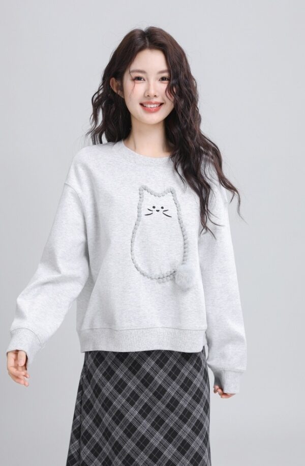 Gray Loose Cartoon Cat Sweatshirt - Image 4