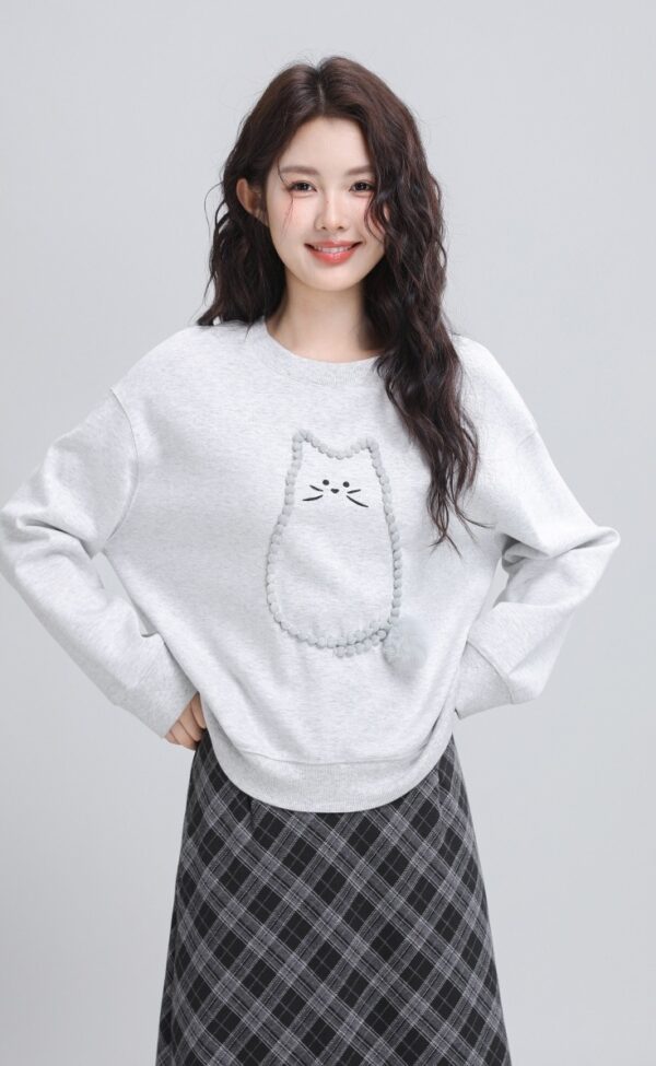 Gray Loose Cartoon Cat Sweatshirt - Image 6